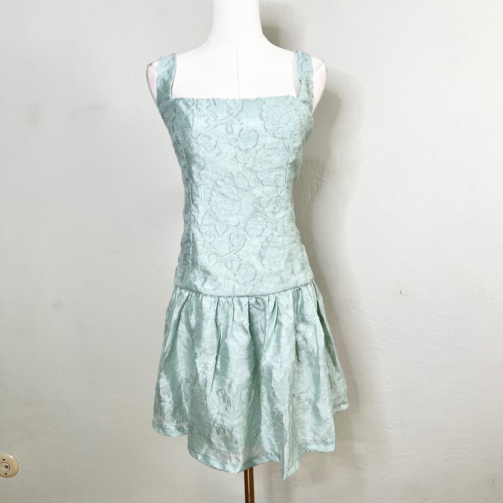 Lulus Mint Green Floral Jacquard Mini Dress Square Neck Bow Back Drop Waist Lg